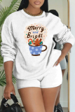 White Black Letter Print O Neck Long Sleeve Sweatshirt and Shorts Sportwear Casual Two Pieces Outfits