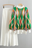 Khaki Rhombus Print O Neck Long Sleeve Sweatshirt And Wide Leg Casual Two Pieces Sweatsuit Sets