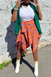 Orange Plaid Print High Waist Irregular Hem Belted Casual Mini Skirt