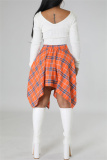Orange Plaid Print High Waist Irregular Hem Belted Casual Mini Skirt
