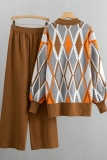Khaki Rhombus Print O Neck Long Sleeve Sweatshirt And Wide Leg Casual Two Pieces Sweatsuit Sets