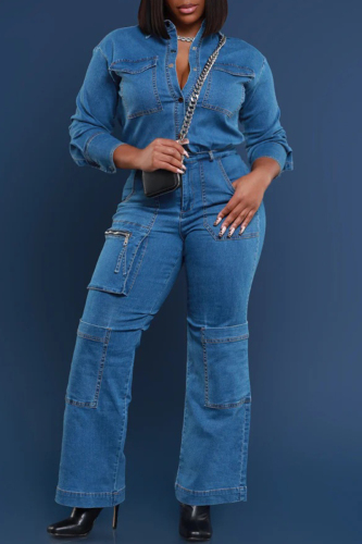 Blue Turndown Collar Long Sleeve Pocket Buckle Casual Outing Denim Cargo Jumpsuits