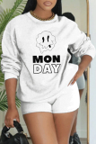 White Black Letter Print O Neck Long Sleeve Sweatshirt and Shorts Sportwear Casual Two Pieces Outfits