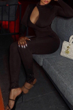 Dark Brown Casual O Neck Long Sleeve Hollow Out Sportwear Skinny Jumpsuits One Piece Bodysuit