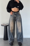 Casual Pocket Zipper Mid Waist Straight Distressed Wide Leg Denim Jeans
