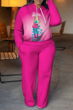 Rose Red Blue Barbie Girl Print Long Sleeve Hooded Sweatshirt and Pants Casual Sportwear Matching Sweatsuit set