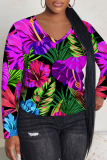 Brown Casual Floral Print V Neck Long Sleeve Fall Winter T-shirt