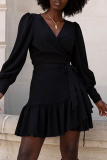 Red Casual Floral Print Belted V Neck Long Sleeve Ruffle Hem Vacation Mini Dresses
