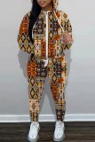 Green Casual Graphics Print Zipper Hooded Long Sleeve Sweatshirt And Pocket Skinny Pants Sportwear Two Pieces Matching Sweatsuit Set