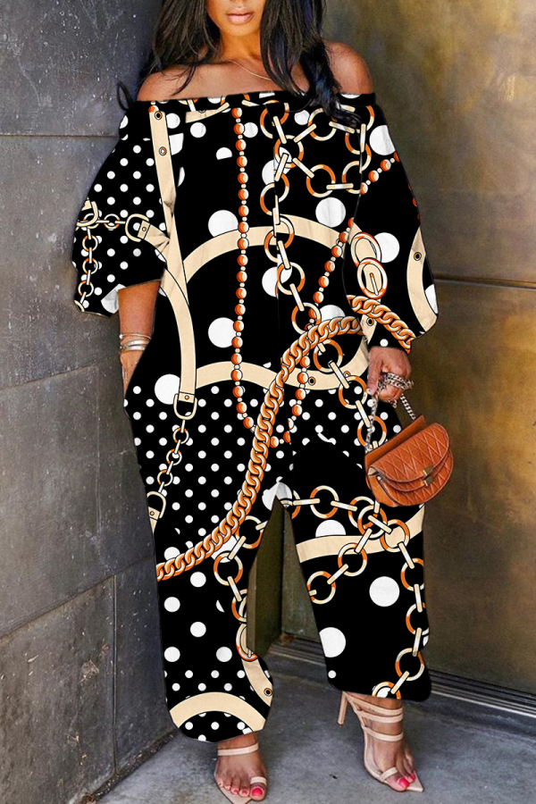 Black Casual Graphics Print Off Shoulder Long Sleeve Vacation Loose Harem Jumpsuit