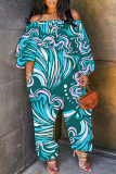Black Casual Graphics Print Off Shoulder Long Sleeve Vacation Loose Harem Jumpsuit