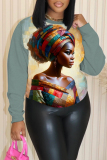 White African Figure Print O Neck Long Sleeve Casual Fall Winter Sweatshirt