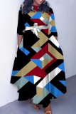 Light Army Green Graphics Print O Neck 3/4 Sleeve Belted Pockets Long Vacation Casual Pleated Maxi Dresses