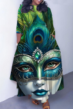 Green Casual African Figure Print O Neck 3/4 Sleeve Belted Pockets Long Vacation Pleated Maxi Dresses