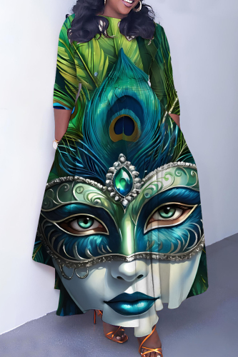 Green Casual African Figure Print O Neck 3/4 Sleeve Belted Pockets Long Vacation Pleated Maxi Dresses