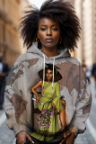 Turmeric African Figure Print Hooded Long Sleeve Casual Fall Winter Sweatshirt