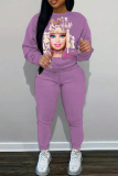 White Rose Black Barbie Girl Print O Neck Long Sleeve Sweatshirt And Pocket Skinny Pants Sportwear Matching Sweatsuit Set