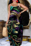 Green Purple African Girl Print Sleeveless Backless Spaghetti Strap Floor Length Vacation Baggy Sundress Maxi Slip Dress