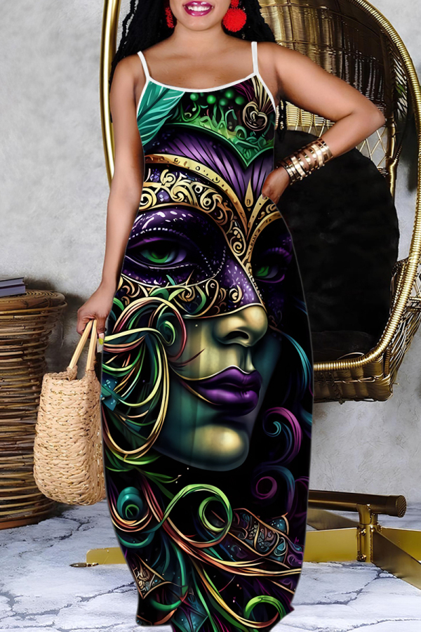 Green Purple African Girl Print Sleeveless Backless Spaghetti Strap Floor Length Vacation Baggy Sundress Maxi Slip Dress