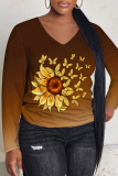 Brown Casual Floral Print V Neck Long Sleeve Fall Winter T-shirt