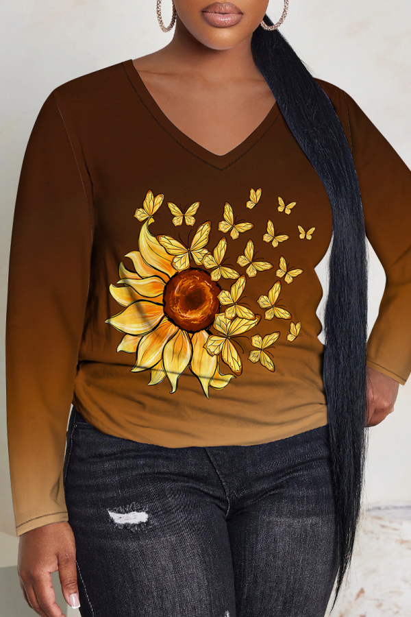 Brown Casual Floral Print V Neck Long Sleeve Fall Winter T-shirt