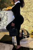 Black with White Contrast Trim Turndown Collar Long Sleeve Skinny Jumpsuits One Piece Bodysuit