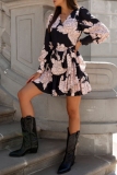 Red Casual Floral Print Belted V Neck Long Sleeve Ruffle Hem Vacation Mini Dresses