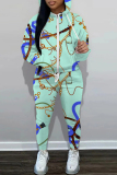 Green Casual Graphics Print Zipper Hooded Long Sleeve Sweatshirt And Pocket Skinny Pants Sportwear Two Pieces Matching Sweatsuit Set