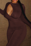 Dark Brown Casual O Neck Long Sleeve Hollow Out Sportwear Skinny Jumpsuits One Piece Bodysuit