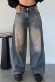 Casual Pocket Zipper Mid Waist Straight Distressed Wide Leg Denim Jeans