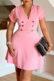 Pink V Neck Short Sleeve Button Front Casual A Line Formal Office Lady Bodycon Mini Dress