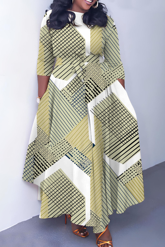 Light Army Green Graphics Print O Neck 3/4 Sleeve Belted Pockets Long Vacation Casual Pleated Maxi Dresses