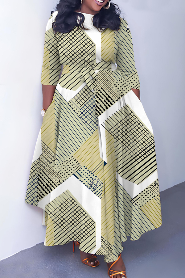 Light Army Green Graphics Print O Neck 3/4 Sleeve Belted Pockets Long Vacation Casual Pleated Maxi Dresses