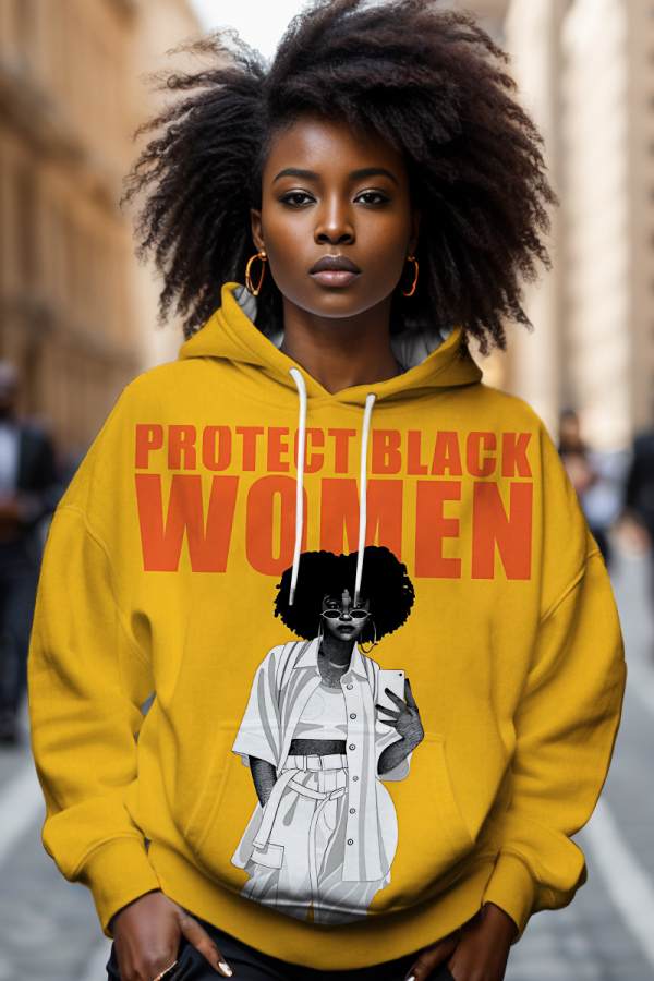 Turmeric African Figure Print Hooded Long Sleeve Casual Fall Winter Sweatshirt