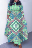 Light Army Green Graphics Print O Neck 3/4 Sleeve Belted Pockets Long Vacation Casual Pleated Maxi Dresses