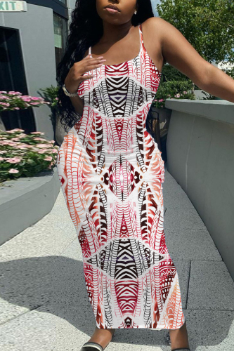 Red Graphics Print Sleeveless Backless Spaghetti Strap Casual Outing Vacation Bodycon Maxi Slip Dress