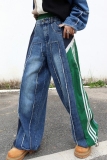 Green Casual Stripe Print Patchwork High Waist Straight Distressed Denim Jeans