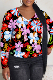 Brown Casual Floral Print V Neck Long Sleeve Fall Winter T-shirt