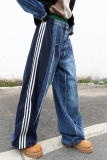 Green Casual Stripe Print Patchwork High Waist Straight Distressed Denim Jeans