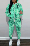 Green Casual Graphics Print Zipper Hooded Long Sleeve Sweatshirt And Pocket Skinny Pants Sportwear Two Pieces Matching Sweatsuit Set