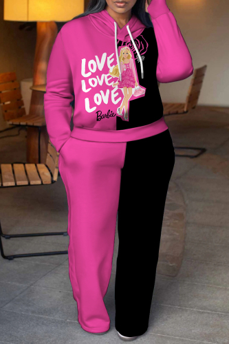 Rose Red Blue Barbie Girl Print Long Sleeve Hooded Sweatshirt and Pants Casual Sportwear Matching Sweatsuit set