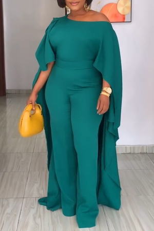 Green Cape Sleeve Oblique Collar Formal Evening Party Prom Straight Leg Jumpsuits