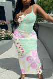 Red Graphics Print Sleeveless Backless Spaghetti Strap Casual Outing Vacation Bodycon Maxi Slip Dress