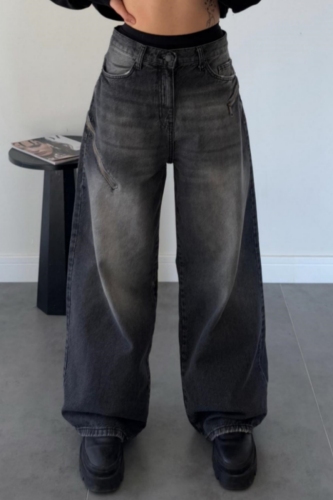 Casual Pocket Zipper Mid Waist Straight Distressed Wide Leg Denim Jeans