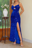 Blue Sequin Evening Party Gown Sleeveless V Neck High Slit Bodycon Glitter Prom Maxi Dress