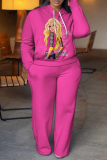 Rose Red Blue Barbie Girl Print Long Sleeve Hooded Sweatshirt and Pants Casual Sportwear Matching Sweatsuit set