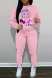 White Rose Black Barbie Girl Print O Neck Long Sleeve Sweatshirt And Pocket Skinny Pants Sportwear Matching Sweatsuit Set