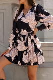 Red Casual Floral Print Belted V Neck Long Sleeve Ruffle Hem Vacation Mini Dresses