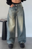 Casual Pocket Zipper Mid Waist Straight Distressed Wide Leg Denim Jeans