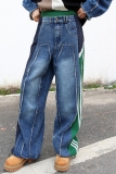 Green Casual Stripe Print Patchwork High Waist Straight Distressed Denim Jeans